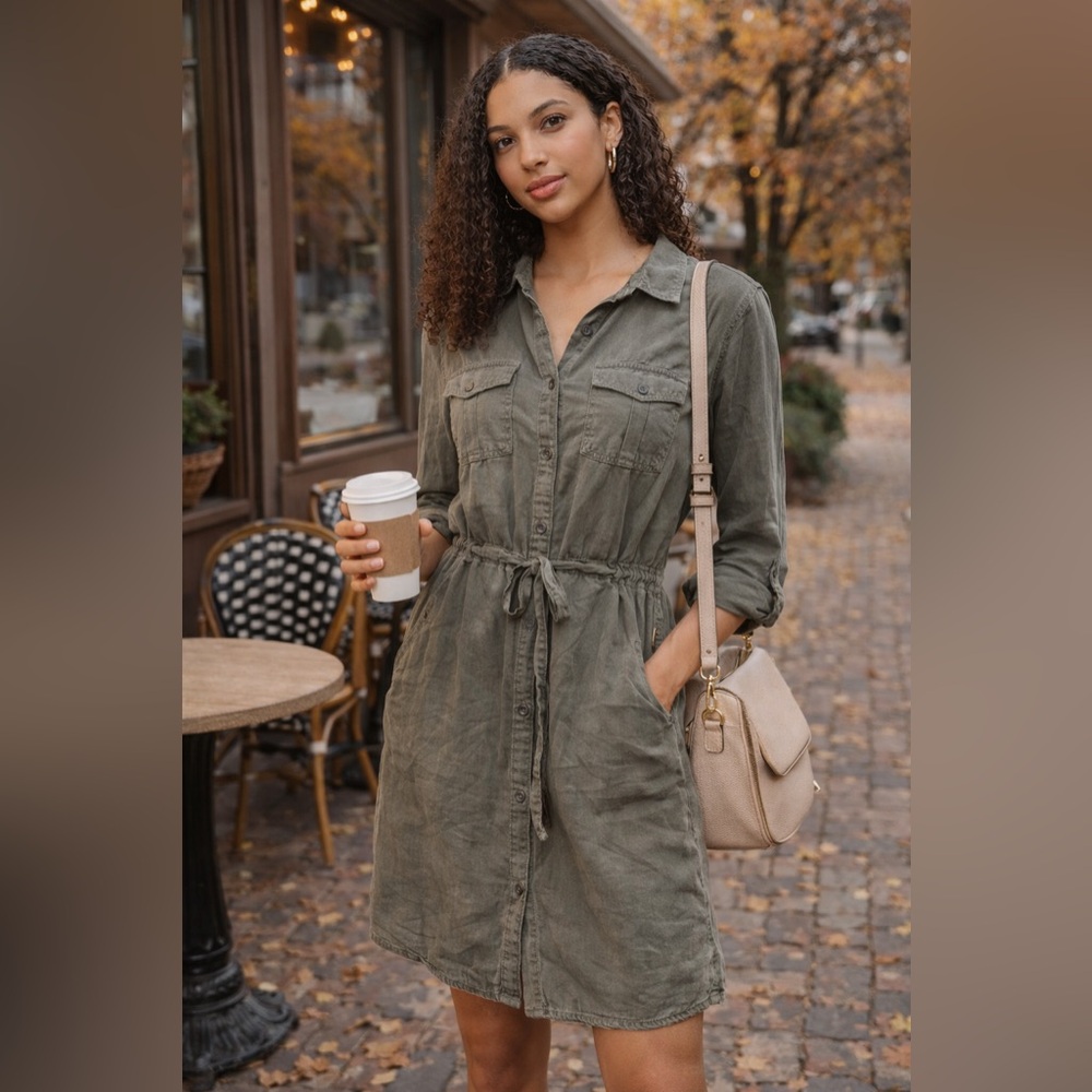 Grace & Lace Olive Green Utility Shirt Dress Tie Waist Button Front Size Medium